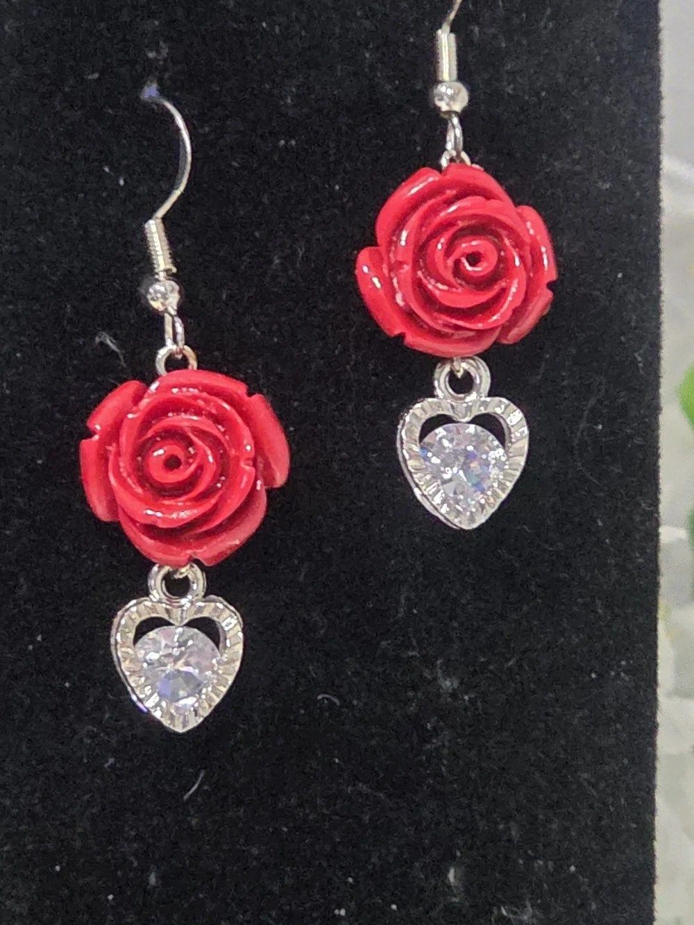 Hand Crafted Red Rose And Cubic Zirconia Earrings